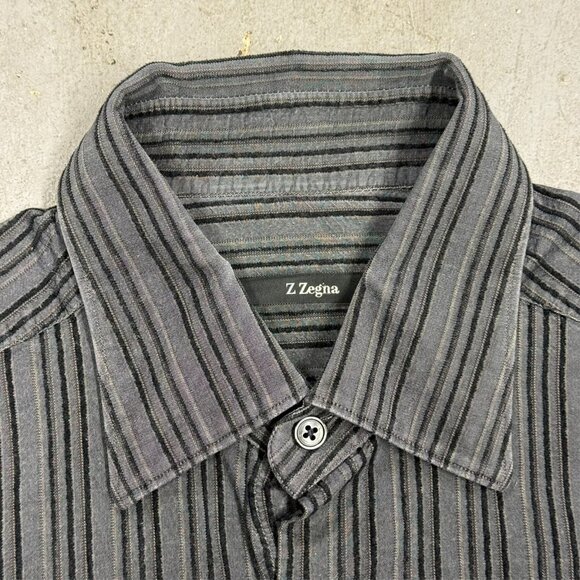 Ermenegildo Zegna Z Striped Dress Shirt Long Sleeve Button Up Grey 15 1/2 Medium - Picture 8 of 11